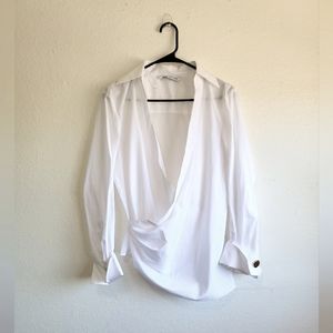 Zara Faux Wrap Vneck Ruched Poplin Blouse